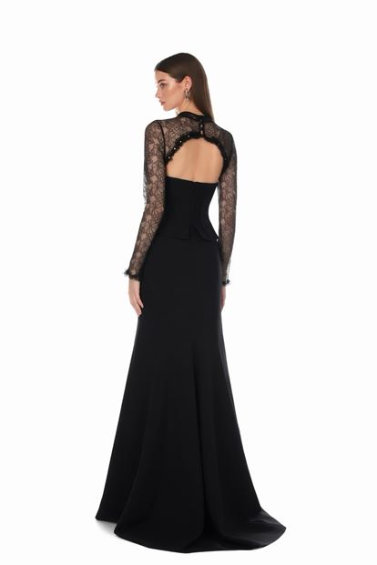 Robe de soirée noire à corset et effet dentelle